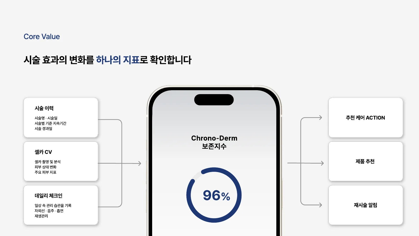 핵심 구조 — 시술 이력 · 셀카 분석 · 데일리 체크인을 보존지수 하나로 모아 케어 · 제품 · 재시술 알림으로 연결