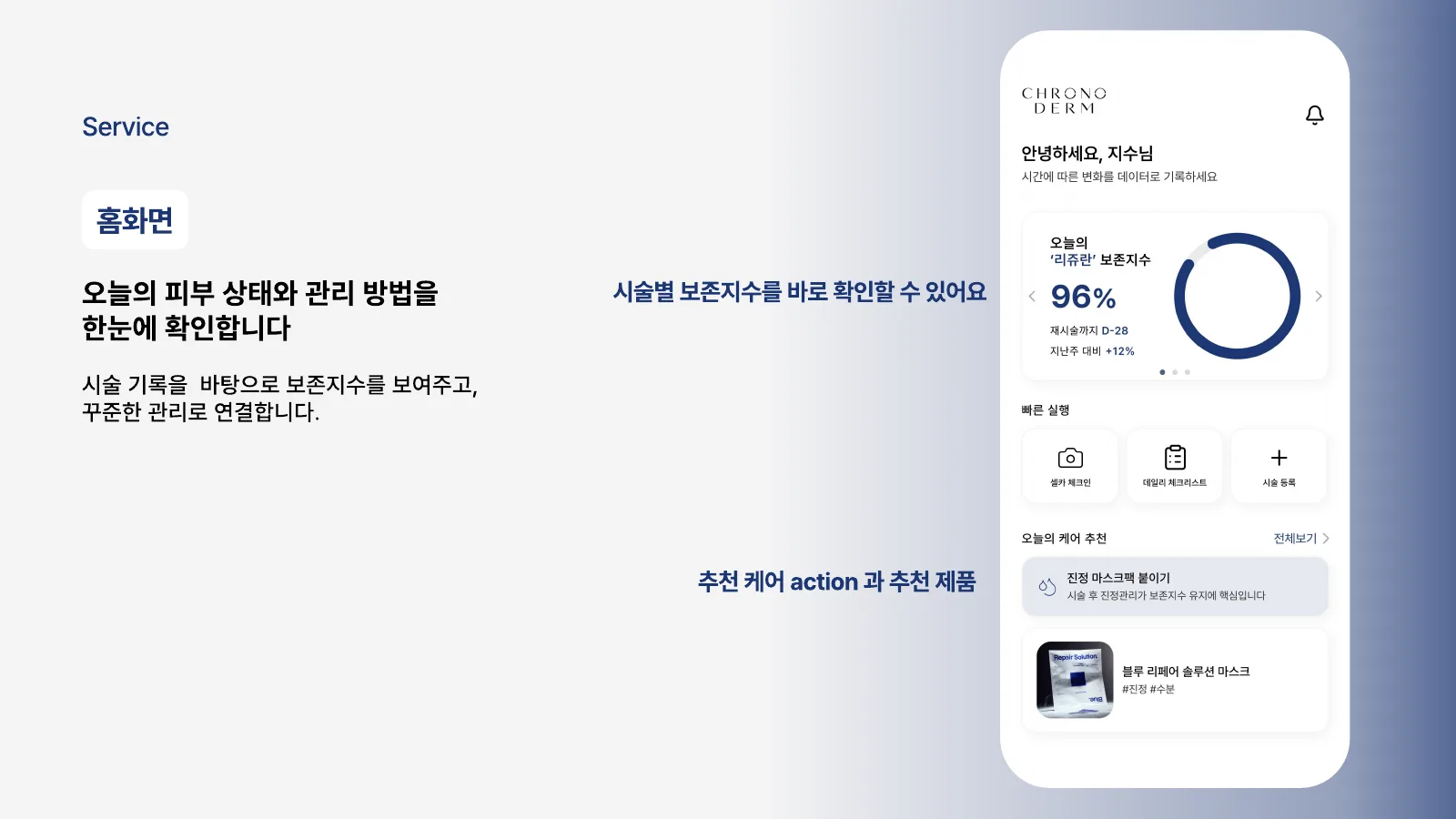 홈 화면 — 시술별 보존지수와 오늘의 케어 추천