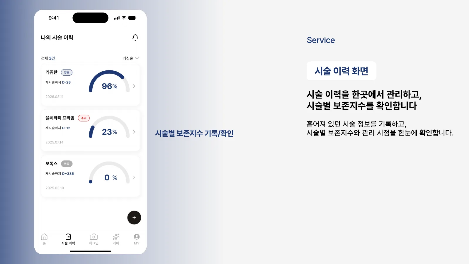 시술 이력 — 시술별 보존지수와 재시술 D-day